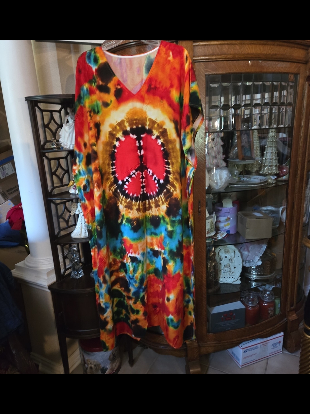 Tie-Dye Maxi Dress with Peace Sign - Vibrant Multi